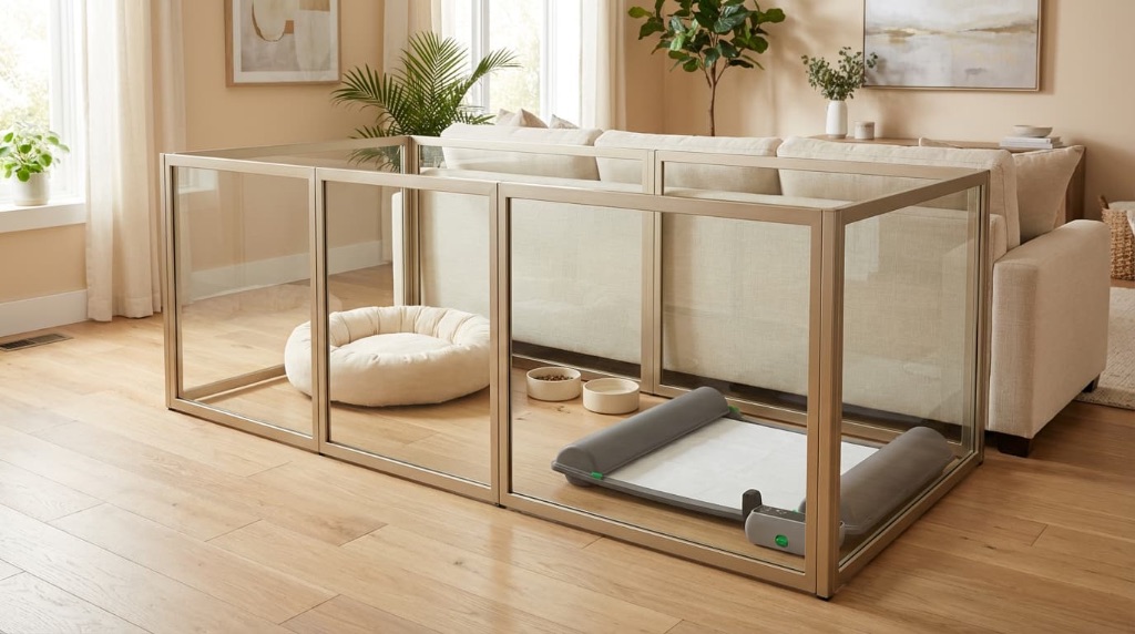 ZenDen puppy training space with BrilliantPad, bed and bowls in a modern living room